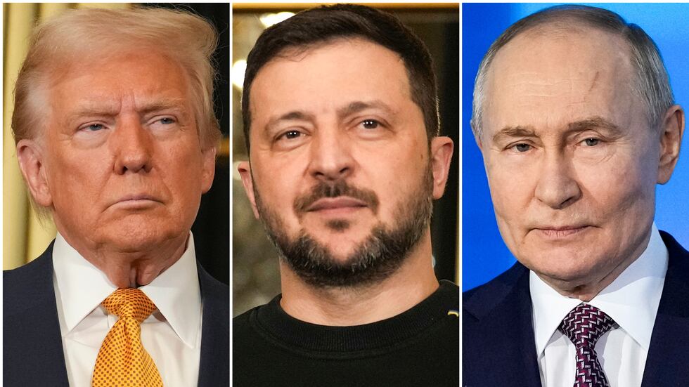 FILE - In this combination of file photos, U.S. President Donald Trump, left, and Ukraine's...