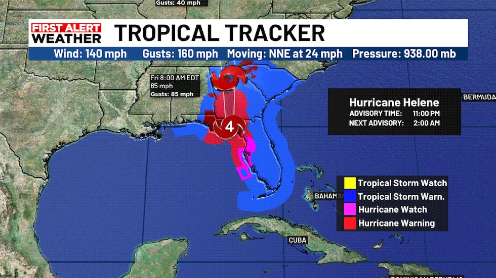 Helene Landfall Path 11PM Update: Helene close to making landfall as Category 4 Hurricane