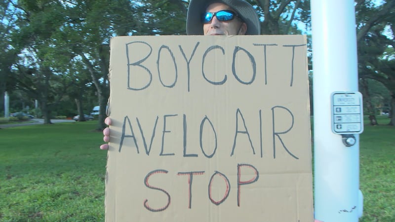"Say no to Avelo" was the chant on University Parkway among protestors frustrated with the...