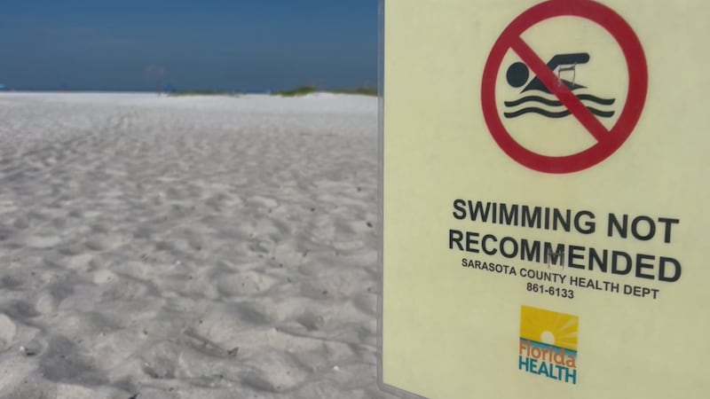 A 'Swimming not recommended' sign sits off to the side at North Lido Key Beach after a Water...