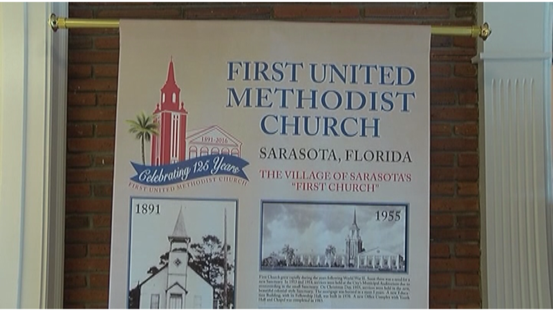 People gather after the 11am service at First United Methodist Church in Sarasota to fill...