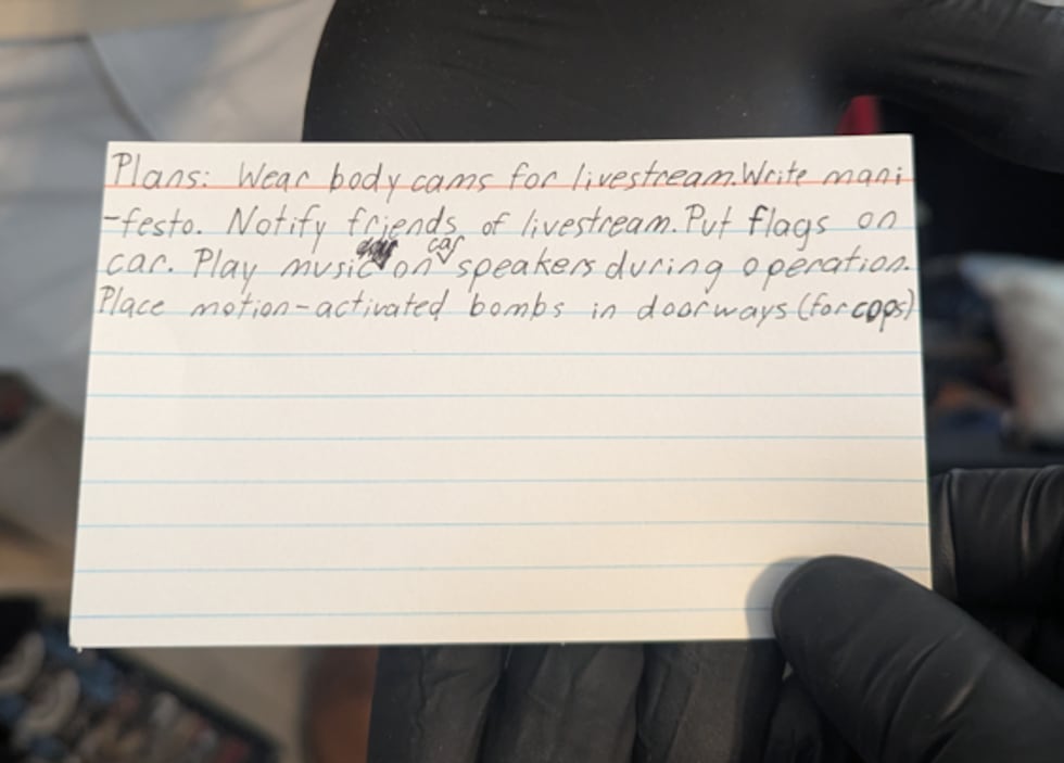 An index card with a written plan for violence was found in a Sarasota man's home, the U.S....