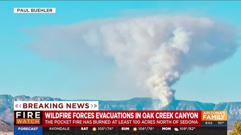 Evacuations are underway as the Pocket Fire burns north of Sedona, sending smoke over the red...